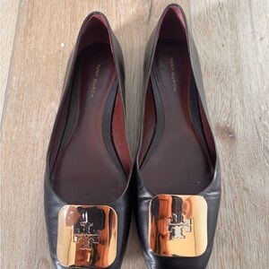 Tory Burch Black Flats with Gold Emblem